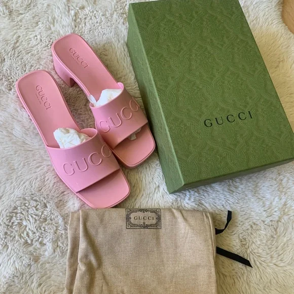 New GUCCI Wild Rose Pink Rubber GG Logo Slides Heel Mules Sandals Women’… - Picture 5 of 12